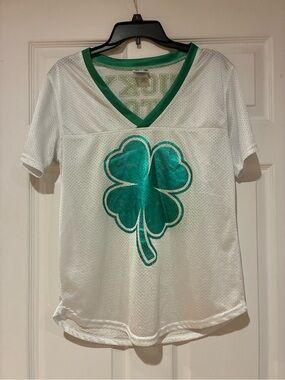 Spencer's White V-Neck Mesh Tee with Green Shamrock